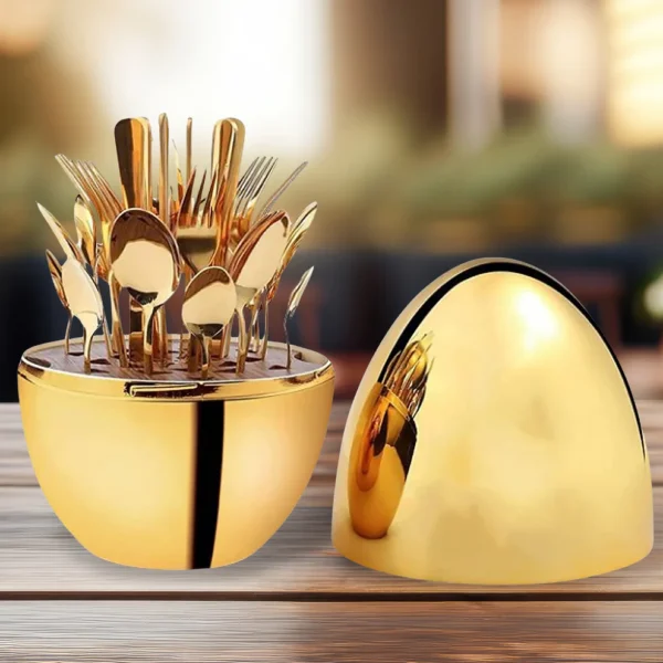 Premium 24-Piece Golden Cutlery Set with Oval Stand – Elegant Dining Set with Egg-Shaped Holder - Image 3