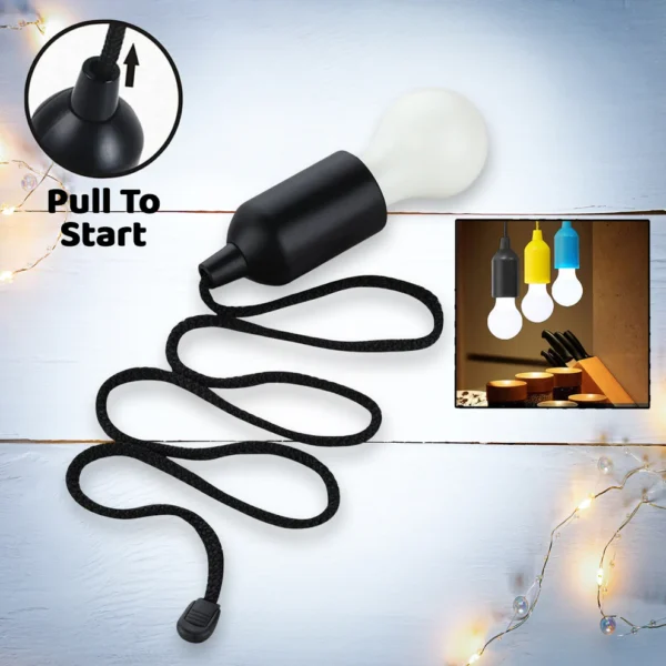 LED Pull Cord Light – Battery-Operated Hanging Bulb for Closets, Tents & Outdoor Use (1 Pc, Black)