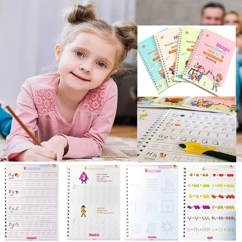 4 Pc Magic Copybook Set with Pen Case, Holder & Refills – Reusable Handwriting Practice Books for Kids & Adults - Image 2