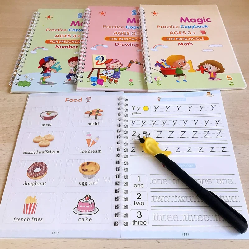 4 Pc Magic Copybook Set with Pen Case, Holder & Refills – Reusable Handwriting Practice Books for Kids & Adults