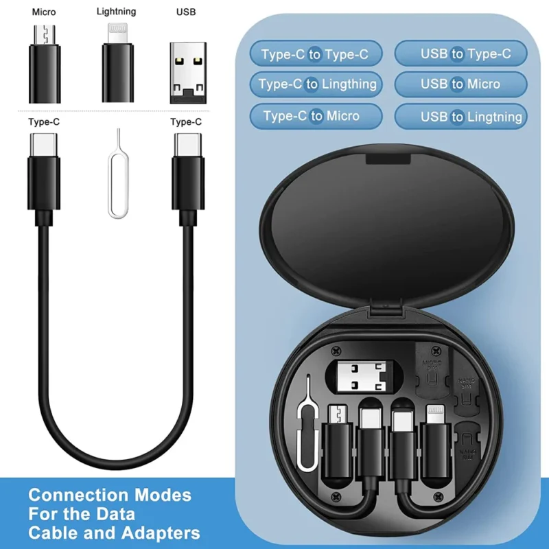 5-in-1 Multi-Functional Fast Charging Cable Kit – Compact Travel Charging Box with USB-C, Lightning, Micro USB Adapters, SIM Pin & Phone Stand – Compatible with iPhone, Android, Type-C Devices (1 Pc) - Image 4