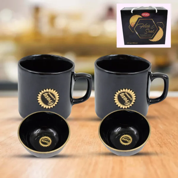 Hide & Seek Ceramic Tea / Cups With Round Serving Bowl (4 Pcs Set) – Stylish Mug & Bowl Set for Tea, Coffee, Snacks, & Gifting