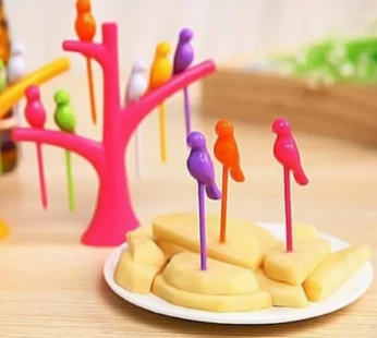 Bird Fork Set with Tree Holder | 6-Piece Fruit Snack Forks for Kids & Table Decor (Color Box Packing)