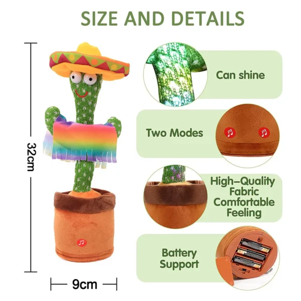 Electronic Dancing Cactus Toy – Singing, Talking, Recording & Light-Up Plush for Kids - Image 4