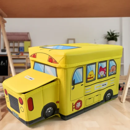 School Bus Shaped Portable Foldable Toy Box with Lid – Multi-Purpose Storage for Toys, Books, Clothes & More (1 Pc)