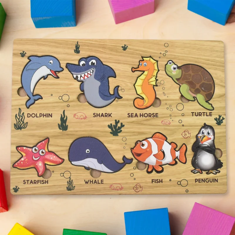 Seawater Animal Wooden Puzzle Learning Educational Board (1 Set – 28×20 cm) Ocean-Themed Natural Wood Puzzle for Toddlers | Early Learning Toy with Sea Animal Shapes | Safe, Durable & Educational