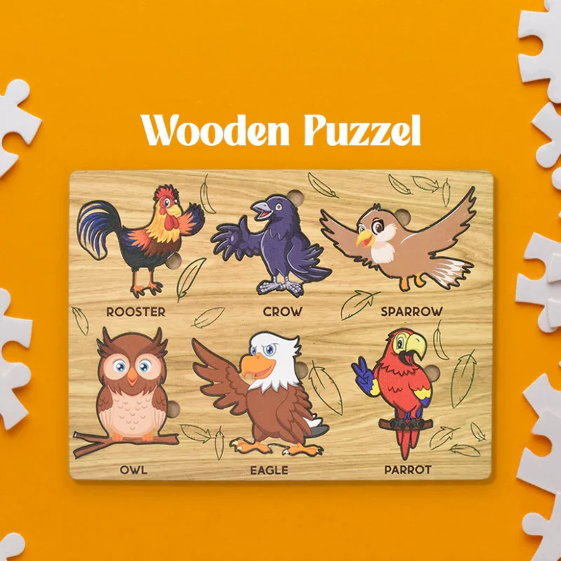 Wooden Bird Puzzle Learning Educational Board (1 Set – 28×20 cm) Natural Wood Puzzle with Bird Shapes | Early Learning Toy for Toddlers | Safe, Eco-Friendly & Educational