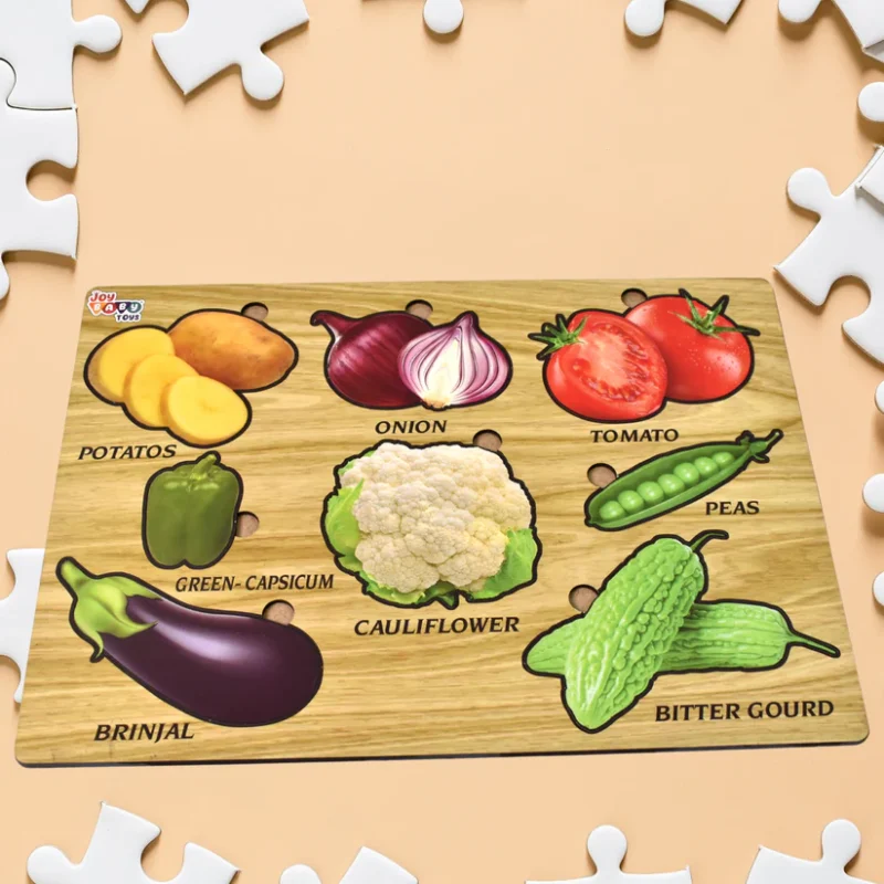 Wooden Vegetable Puzzle Learning Educational Board (1 Set – 28×20 cm) Natural Wood Puzzle Board for Toddlers | Early Childhood Educational Toy with Vegetable Shapes | Safe, Non-Toxic & Durable