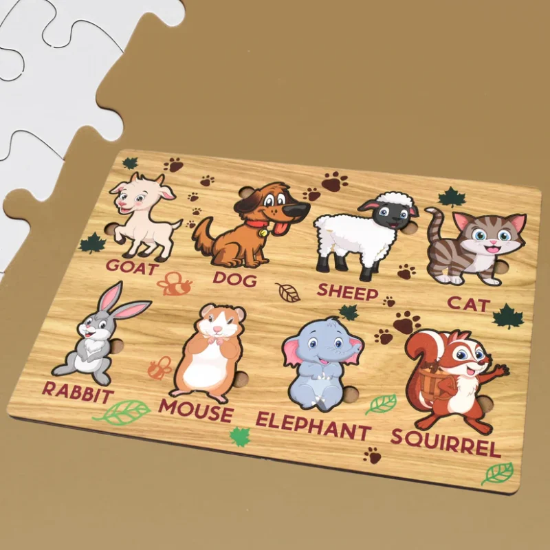 Wooden Animal Puzzle Learning Educational Board (1 Set – 28×20 cm) Natural Wood Puzzle Board for Toddlers | Early Childhood Educational Toy with Animal Shapes | Safe, Non-Toxic & Durable