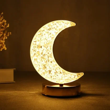 Crystal Table Lamp – Moon Shape Touch Control Lamp with 3-Color Light & USB Charging
