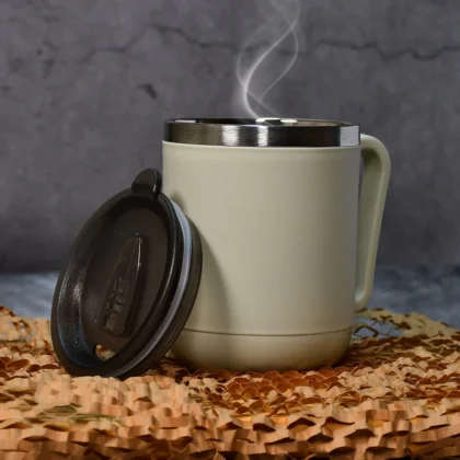 Ganesh Premium Stainless Steel Coffee Mug – 400ml, Double Wall with Heat-Resistant Lid & Handle