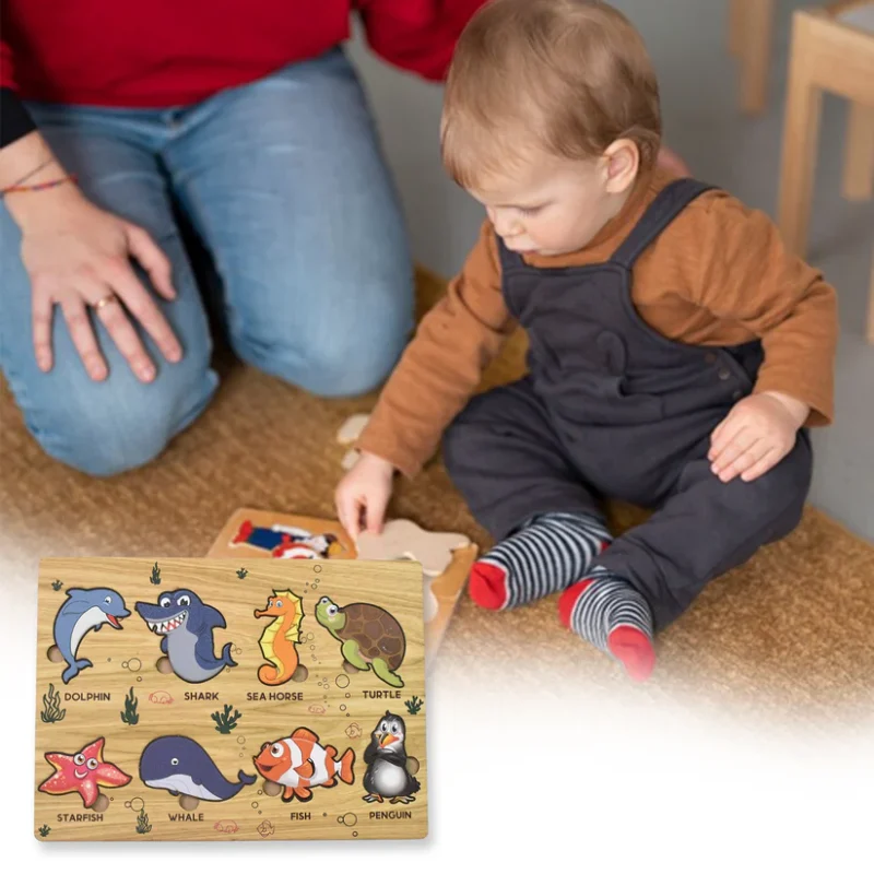 Seawater Animal Wooden Puzzle Learning Educational Board (1 Set – 28×20 cm) Ocean-Themed Natural Wood Puzzle for Toddlers | Early Learning Toy with Sea Animal Shapes | Safe, Durable & Educational - Image 2