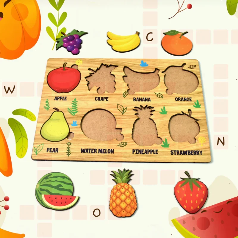 Wooden Fruits Puzzle Learning Educational Board (1 Set – 28×20 cm) Natural Wood Puzzle Board for Toddlers | Early Learning Toy with Fruit Shapes | Safe, Non-Toxic & Durable