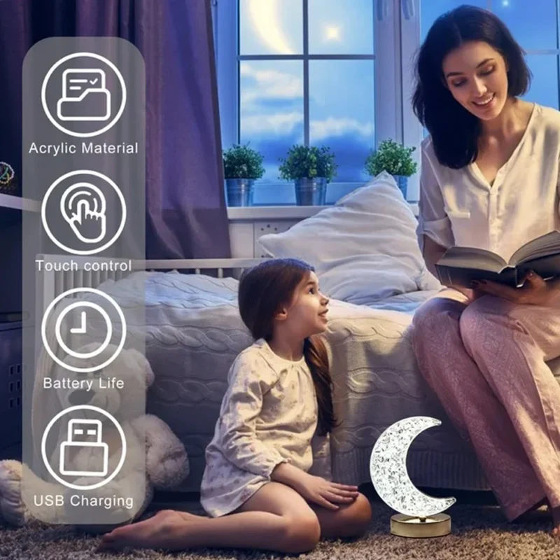 Crystal Table Lamp – Moon Shape Touch Control Lamp with 3-Color Light & USB Charging - Image 3