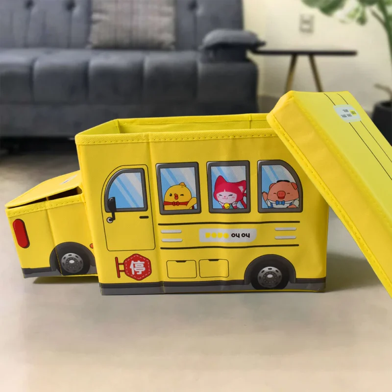 School Bus Shaped Portable Foldable Toy Box with Lid – Multi-Purpose Storage for Toys, Books, Clothes & More (1 Pc) - Image 2