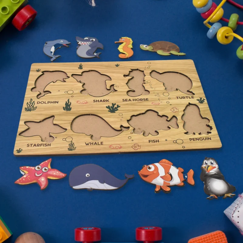 Seawater Animal Wooden Puzzle Learning Educational Board (1 Set – 28×20 cm) Ocean-Themed Natural Wood Puzzle for Toddlers | Early Learning Toy with Sea Animal Shapes | Safe, Durable & Educational - Image 3
