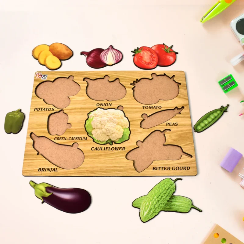 Wooden Vegetable Puzzle Learning Educational Board (1 Set – 28×20 cm) Natural Wood Puzzle Board for Toddlers | Early Childhood Educational Toy with Vegetable Shapes | Safe, Non-Toxic & Durable - Image 2