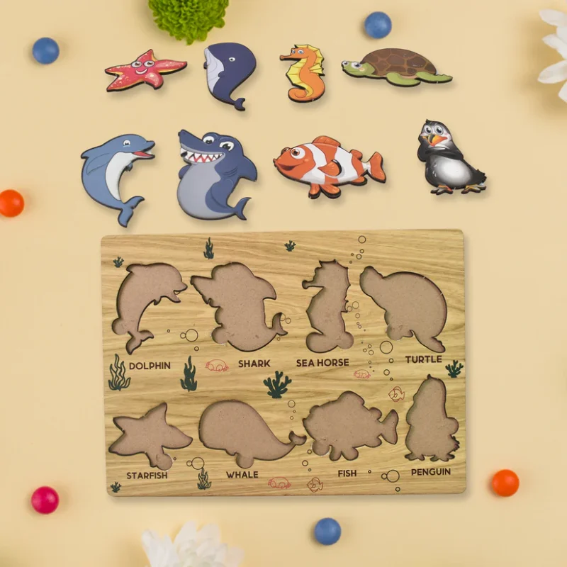 Seawater Animal Wooden Puzzle Learning Educational Board (1 Set – 28×20 cm) Ocean-Themed Natural Wood Puzzle for Toddlers | Early Learning Toy with Sea Animal Shapes | Safe, Durable & Educational - Image 4