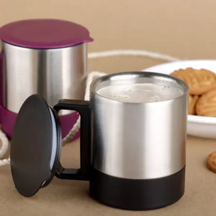 Insulated Stainless Steel Coffee/Tea Cup with Lid & Handle – Double Wall, Spill-Proof (1 Pc)