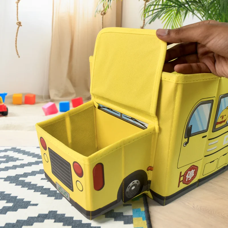 School Bus Shaped Portable Foldable Toy Box with Lid – Multi-Purpose Storage for Toys, Books, Clothes & More (1 Pc) - Image 3
