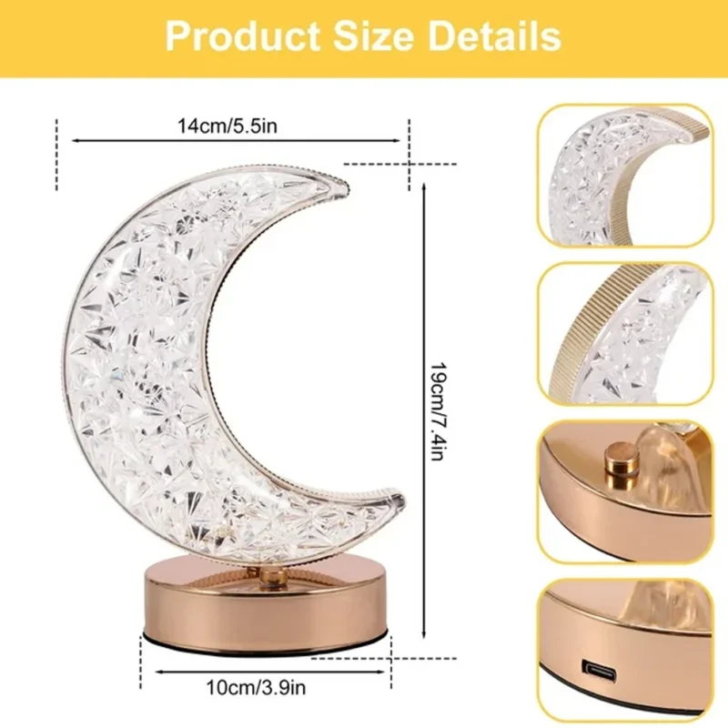 Crystal Table Lamp – Moon Shape Touch Control Lamp with 3-Color Light & USB Charging - Image 2