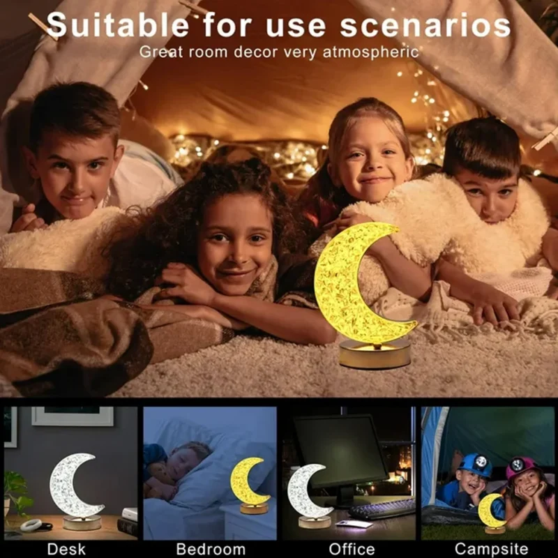 Crystal Table Lamp – Moon Shape Touch Control Lamp with 3-Color Light & USB Charging - Image 5