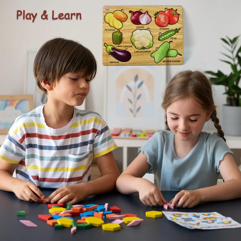 Wooden Vegetable Puzzle Learning Educational Board (1 Set – 28×20 cm) Natural Wood Puzzle Board for Toddlers | Early Childhood Educational Toy with Vegetable Shapes | Safe, Non-Toxic & Durable - Image 4