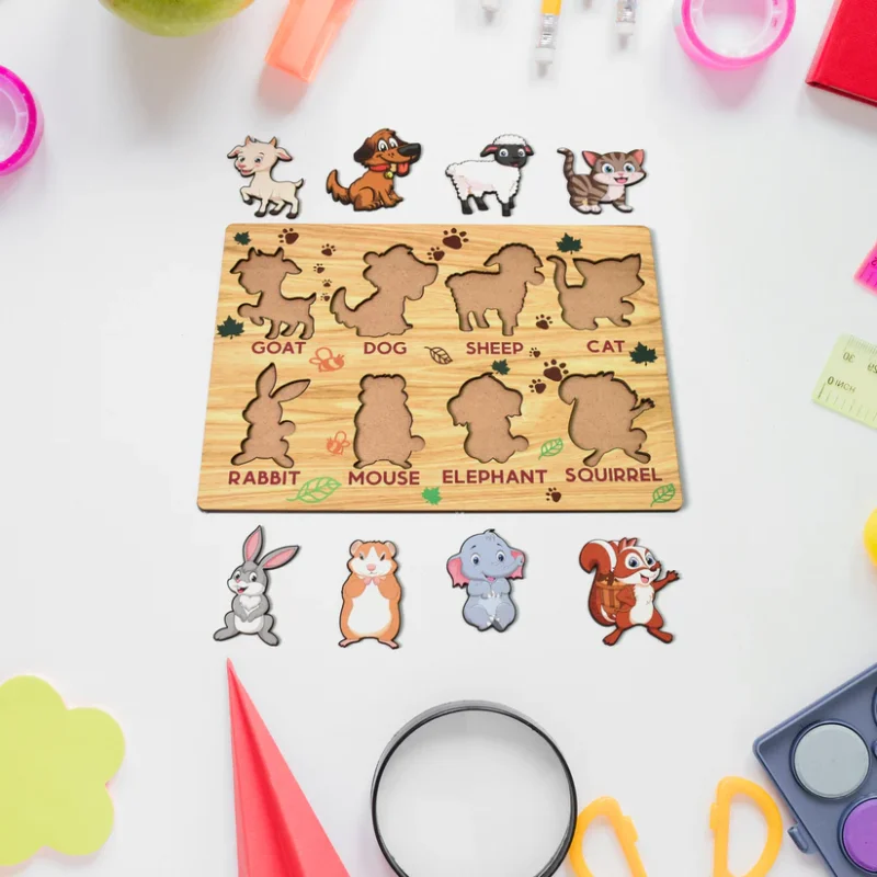 Wooden Animal Puzzle Learning Educational Board (1 Set – 28×20 cm) Natural Wood Puzzle Board for Toddlers | Early Childhood Educational Toy with Animal Shapes | Safe, Non-Toxic & Durable - Image 4