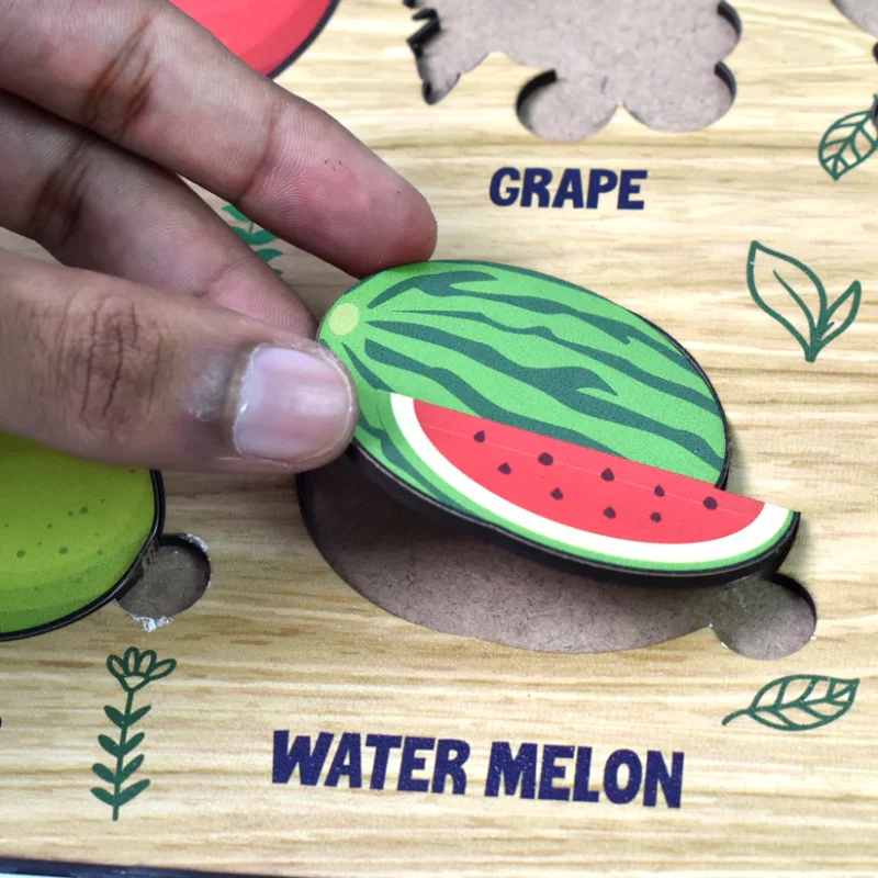 Wooden Fruits Puzzle Learning Educational Board (1 Set – 28×20 cm) Natural Wood Puzzle Board for Toddlers | Early Learning Toy with Fruit Shapes | Safe, Non-Toxic & Durable - Image 2