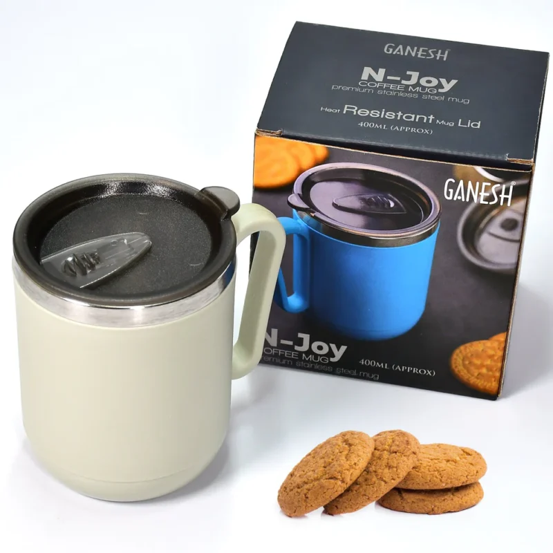 Ganesh Premium Stainless Steel Coffee Mug – 400ml, Double Wall with Heat-Resistant Lid & Handle - Image 4