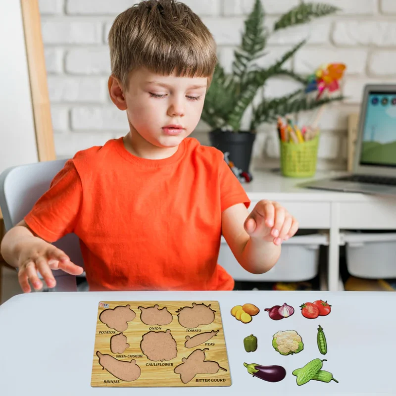 Wooden Vegetable Puzzle Learning Educational Board (1 Set – 28×20 cm) Natural Wood Puzzle Board for Toddlers | Early Childhood Educational Toy with Vegetable Shapes | Safe, Non-Toxic & Durable - Image 5