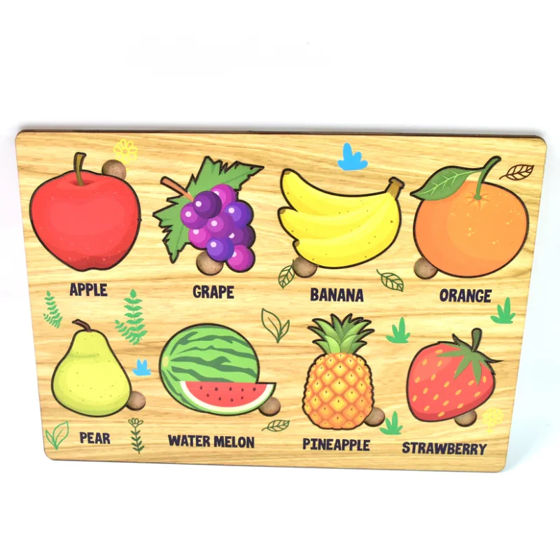 Wooden Fruits Puzzle Learning Educational Board (1 Set – 28×20 cm) Natural Wood Puzzle Board for Toddlers | Early Learning Toy with Fruit Shapes | Safe, Non-Toxic & Durable - Image 3