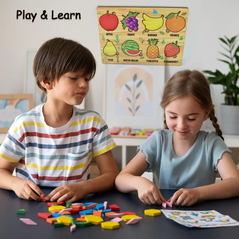 Wooden Fruits Puzzle Learning Educational Board (1 Set – 28×20 cm) Natural Wood Puzzle Board for Toddlers | Early Learning Toy with Fruit Shapes | Safe, Non-Toxic & Durable - Image 4