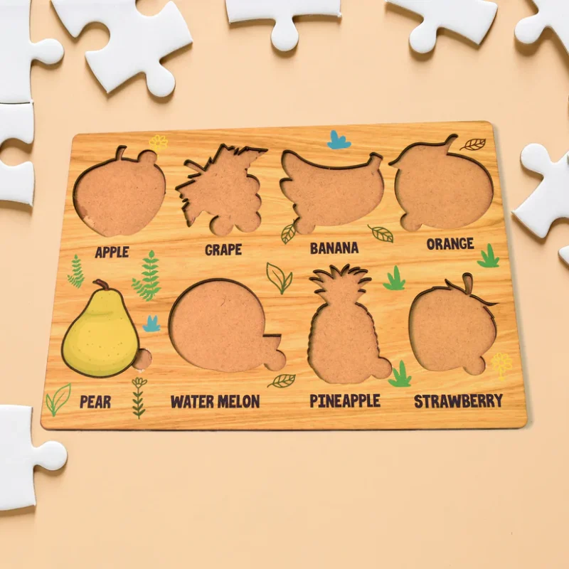 Wooden Fruits Puzzle Learning Educational Board (1 Set – 28×20 cm) Natural Wood Puzzle Board for Toddlers | Early Learning Toy with Fruit Shapes | Safe, Non-Toxic & Durable - Image 5