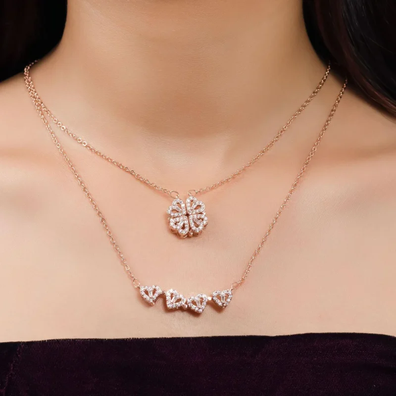 Stylish Rose Gold Plated Four Heart Pendant | Gold-Plated Brass & Copper with Cubic Zirconia - Image 3