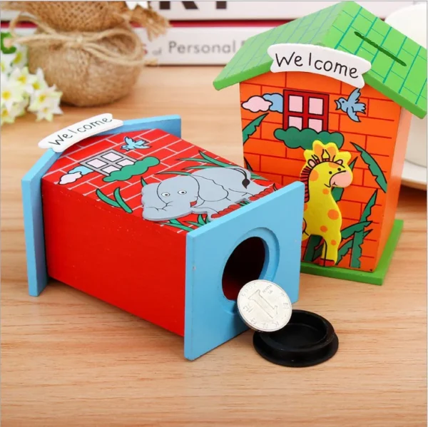 Cute Cartoon Wooden Piggy Bank – House Shaped Coin Box - Image 4