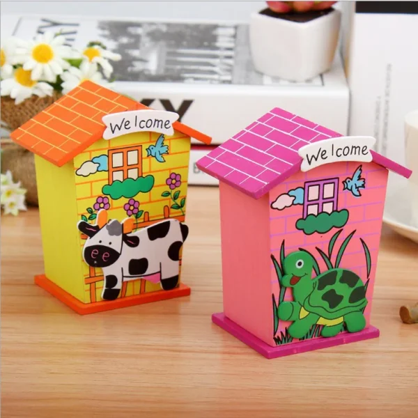 Cute Cartoon Wooden Piggy Bank – House Shaped Coin Box - Image 5