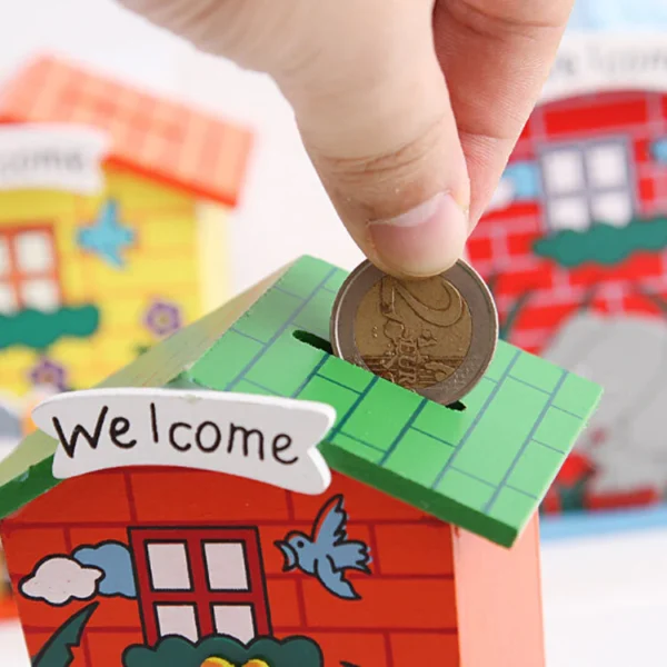Cute Cartoon Wooden Piggy Bank – House Shaped Coin Box