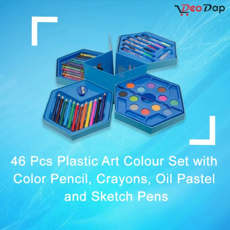 46-Piece Plastic Art Colour Set for Kids | Crayons, Watercolors, Sketch Pens, Oil Pastels & Accessories - Image 3